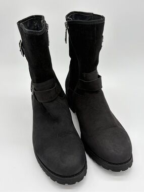 Blondo Black Mid-Calf Combat Boots with Buckle & Side Zip
